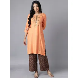 AURELIA Women Orange & Brown Ethnic Motifs Embroidered Regular Kurta with Palazzos-picture-32