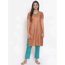 AURELIA Women Orange & Teal Blue Floral Printed Regular Kurta with Trousers-picture-15