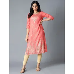 Aurelia Women Peach Floral Print Viscose Straight Kurta-picture-29