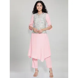 AURELIA Women Pink & Grey Regular Kurta With Trousers With Nehru Jacket-picture-13