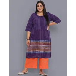 AURELIA Women Plus Size Violet & White Striped Keyhole Neck Thread Work Pure Cotton Kurta-picture-32