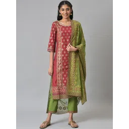 Aurelia Women Red Floral Print Viscose Kurta Set with Trousers & Dupatta-picture-16