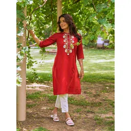 Aurelia Women Red Striped Viscose Kurta Set with Trousers-picture-43
