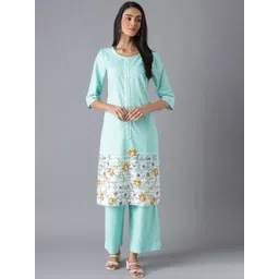 AURELIA Women Sea Green & Yellow Floral Printed Kurta with Palazzos-picture-22