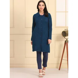 AURELIA Women Self Design Cable Knit Shirt Collar Longline Cardigan-picture-39