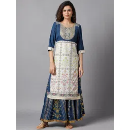 AURELIA Women Teal & Off White Floral Printed Kurta-picture-29