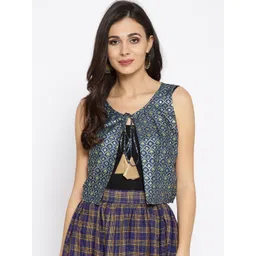 AURELIA Women Teal Blue Printed Ethnic Jacket-picture-18