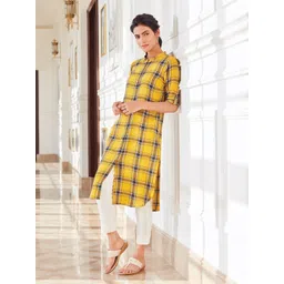 AURELIA Women Yellow & Blue Checked Pathani Kurta-picture-19