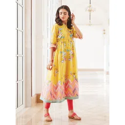 AURELIA Women Yellow Floral Printed Bell Sleeves Anarkali Kurta-picture-32