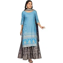 aurelia Women's Blue Foil Printed Straight Kurta and Skirt Set with Dupatta-picture-11