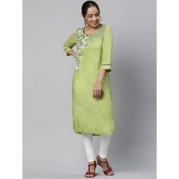 AURELIA Women's Green Geometric Embroidered Thread Work Floral Handloom LIVA Kurta image 1
