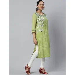 AURELIA Women's Green Geometric Embroidered Thread Work Floral Handloom LIVA Kurta image 3