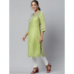 AURELIA Women's Green Geometric Embroidered Thread Work Floral Handloom LIVA Kurta image 5