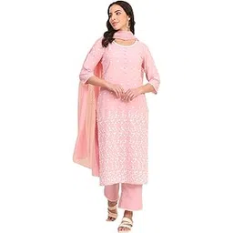 aurelia Women's White Floral Printed Pure Cotton Straight Kurta, Palazzo and Dupatta Set-picture-33
