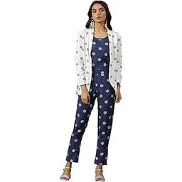 aurelia Women's White Polka Dobby Pure Cotton Blazer, Blue Printed Top and Pants Set-picture-37