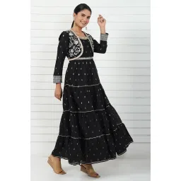 aurelia Women's Black Abstract Printed Dori Embroidered Jacquard Flared Dress and Jacket Set image 5