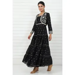 aurelia Women's Black Abstract Printed Dori Embroidered Jacquard Flared Dress and Jacket Set image 3