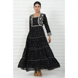 aurelia Women's Black Abstract Printed Dori Embroidered Jacquard Flared Dress and Jacket Set image 1