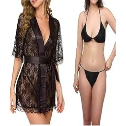 autofetch Women’s Black Lace Robe with Bikini Set | 3-Piece Lingerie Nightwear | Sheer Lace Kimono with Satin Belt + Bikini Top & Bottom-picture-43