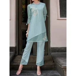 AUTUMN LANE Women Blue Ethnic Motifs Embroidered Thread Work Kurta with Trousers image 4