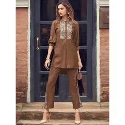 AUTUMN LANE Women Brown Embroidered Kurti with Salwar-picture-16