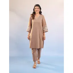 Autumnlane Coffee Purna Embroidered Regular Fit Kurta Pant Set-picture-17