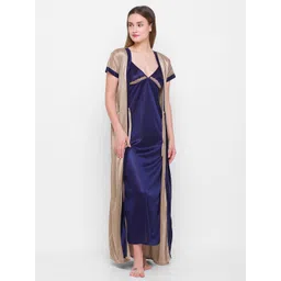 AV2 Women Champagne & Navy Blue Solid Maxi Nightdress with Robe-picture-26