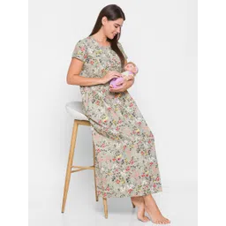 AV2 Women Grey Pure Cotton Floral Printed Maternity Nightdress-picture-31