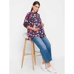 AV2 Women Navy Blue Floral Printed Mandarin Collar Maternity Empire Top-picture-14
