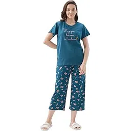 av2 Women's Cotton Printed Round Neck Short Sleeve Night Suit Set of Culottes Capri Pant | Capri Set | Casual Night Dress for Women -4218-picture-30