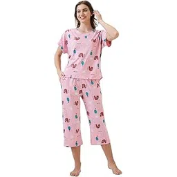 av2 Women's Cotton Printed Round Neck Short Sleeve Night Suit Set | Capri Set | Casual Night Dress for Women-2895-picture-31