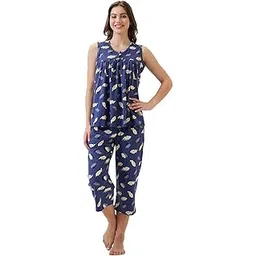 av2 Women's Cotton Printed Round Neck Sleeveless Nightsuit Set | Capri Set | Casual Night Dress for Women Blue Medium 2890-picture-33