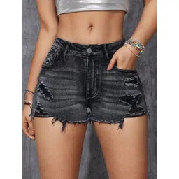 AVANOVA Women Regular Fit High-Rise Distressed Above Knee Denim Shorts-picture-37