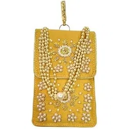 avanti creations Avanti Creation Luxury Mobile Pouch – Hand Embroidered Pearl & Zari Work Phone Sling for Women & Girls with Pearl Drawstring (Yellow)-picture-17