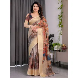 AVANTIKA FASHION Kalamkari Printed Zari Pure Linen Kanjeevaram Saree-picture-37