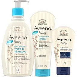 Combo Pack: Aveeno Baby Daily Moisturizing Wash & Shampoo (354ml) + Daily Moisture Lotion (227g) + Soothing Relief Moisture Cream 100g | With natural oat extract | Hypoallergenic, pediatrician recommended | pH balanced formulation with no added parabens and pthalates-picture-27