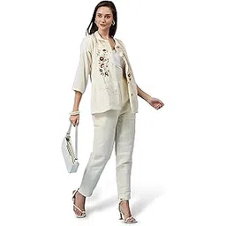 Avenzaa Precision Edge Women's Embroidered Shirt & Pant Co-ord Set | Off-White Cotton Linen Top and Trousers Outfit-image-8