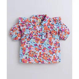 Aww Hunnie 100% Cotton Half Puffed Sleeves Floral Printed Frill Detailed Shirt Style Top - Multi Colour-picture-29