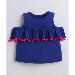 Aww Hunnie 100% Cotton Jersey Cold Shoulder Pom Pom & Frill Detailed Top - Blue-picture-17