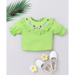 Aww Hunnie 100% Cotton Woven Half Peasant Sleeves Floral Embroidered Top - Green-picture-35