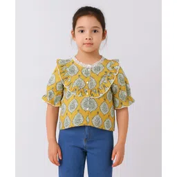 Aww Hunnie 100% Cotton Woven Half Peasant Sleeves Floral Motifs Printed Top - Mustard-picture-33