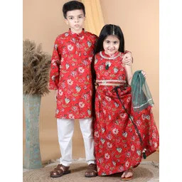 AWW HUNNIE Boys Floral Printed Regular Pure Cotton Kurta with Pyjamas-picture-48