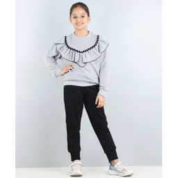 Aww Hunnie Full Sleeves Frill Detailed & Lace Embellished Autumn Winter Wear Sweatshirt With Side Pockets Lower - Grey-picture-28