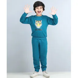 Aww Hunnie Full Sleeves Placement Text & Tiger  Printed Winter Sweatshirt And Joggers Set - Green-picture-35