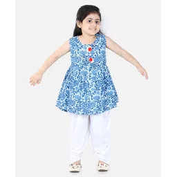 Aww Hunnie Sleeveless Floral Print Kurti With Dhoti - Blue White-picture-12