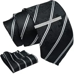 axlon Black Striped Tie For Men – Formal Ties Set With Pocket Square & Tie Pin Clip For Mens, Silk Neckties Gift Sets For Men’s (AXNW14)-picture-17