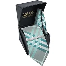 axlon Tie for Men – Checkered Silk Neck Ties Set with Cufflinks Flower Pin, Pocket Square & Black Gift Box, Combo Necktie Sets for Office Wear, Formal Suits (Teal Ocean Blue, NXSMX_88)-picture-51
