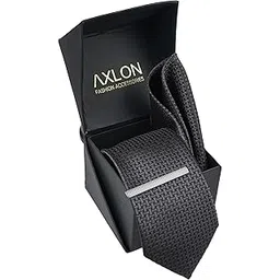 axlon Tie for Men – Dotted Silk Neck Ties Set with Cufflinks Flower Pin, Pocket Square & Black Gift Box, Combo Necktie Sets for Office Wear, Formal Suits & Weddings (Classic Grey, NXSMX_273)-picture-35