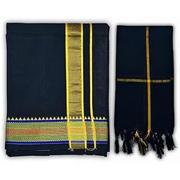 AYLA WORLD Cotton Blue/Black Dhoti with Border and With/Without Towel (Thundu), Traditional Kerala Mundu Vesti for Men, 2 Meter, Religious and Cultural Wear, Sabarimala Ayyappa Swamy Dress-picture-34