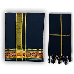 AYLA WORLD Velcro Cotton Black/Blue Dhoti With/Without Angavastram Towel (Thundu), Traditional Kerala Mundu Vesti for Men, 2 Meter, Religious and Cultural Wear, Sabarimala Ayyappa Swamy Dress-picture-28